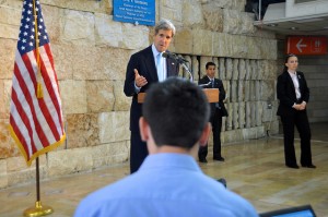 U.S. Secretary of State John Kerry answers a question from an Israeli reporter during a news conference in Tel Aviv, Israel, on June 30, 2013.[State Department photo]