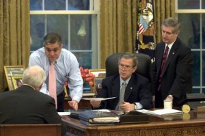 President George W. Bush and Vice President Dick Cheney receive an Oval Office briefing from CIA Director George Tenet. Also present is Chief of Staff Andy Card (on right).