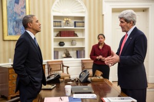 President Barack Obama talks with Secretary of State John Kerry and National Security Advisor Susan E. Rice in the Oval Office on March 19, 2014. (Official White House Photo by Pete Souza)