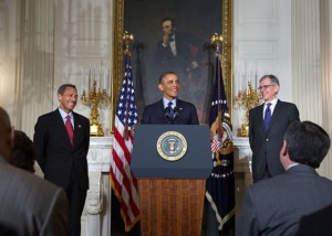 President Barack Obama announces the nomination Tom Wheeler, right, as Chairman of the Federal Communications Commission, on May 1, 2013.