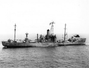 USS Liberty (AGTR-5) receives assistance from units of the Sixth Fleet, after she was attacked and seriously damaged by Israeli forces off the Sinai Peninsula on June 8, 1967.  (US Navy photo)