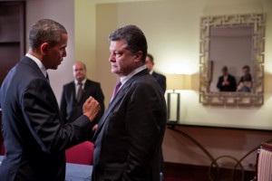 President Barack Obama and President Petro Poroshenko of Ukraine talk after statements to the press following their bilateral meeting at the Warsaw Marriott Hotel in Warsaw, Poland, June 4, 2014. (Official White House Photo by Pete Souza)
