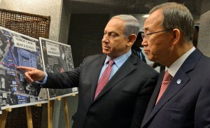 Israeli Prime Minister Benjamin Netanyahu presses his case for the military offensive against Gaza in a meeting with UN Secretary General Ban Ki-moon. (Israeli government photo)