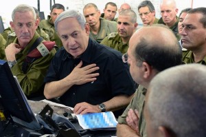 Prime Minister Benjamin Netanyahu held a security meeting with senior Israeli Defense Forces commanders near Gaza on July 21, 2014. (Israel government photo)
