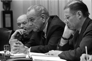 Dean Rusk, Lyndon B. Johnson and Robert McNamara in Cabinet Room meeting February 1968. (Photo credit: Yoichi R. Okamoto, White House Press Office)