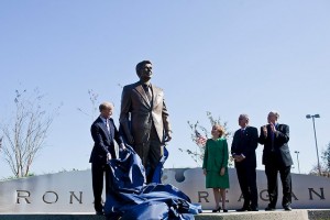 Ronald Reagan statue at Washington National Airport, which was renamed in his honor as his scandals were excused and suppressed.