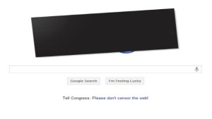 Google's logo, blacked out in protest of congressional bills on intellectual property rights.