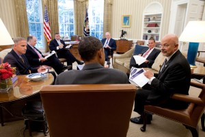 Director of National Intelligence James Clapper talks with President Barack Obama in the Oval Office., From ImagesAttr