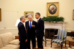 President Barack Obama talks with Israeli Prime Minister Benjamin Netanyahu and White House chief of staff Rahm Emanuel at White House on May 18, 2009. (Credit: White House photo by Pete Souza)
