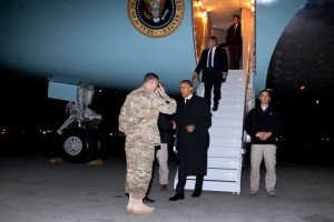 President Barack Obama arriving in Afghanistan on a May 1, 2012, trip to meet with Afghan President Hamid Karzai. (White House photo by Pete Souza) 