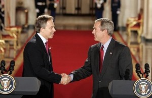 British Prime Minister Tony Blair and U.S. President George W. Bush shake hands after a joint White House press conference on Nov. 12, 2004. (White House photo)