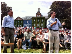 Rep. Paul Ryan, with Republican presidential candidate Mitt Romney, speaking to a crowd in New Hampshire. (Photo credit: mittromney.com)