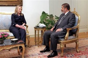 Egyptian President Mohamed Morsi meeting with U.S. Secretary of State Hillary Clinton in July 2012. (U.S. government photo)