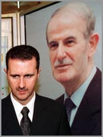 Syrian President Bashar al-Assad before a poster of his late father, Hafez Assad.