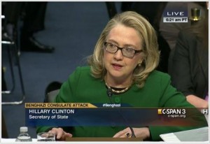 Secretary of State Hillary Clinton testifies before Congress on Jan. 23, 2013, about the fatal attack on the U.S. mission in Benghazi, Libya, on Sept. 11. 2012. (Photo from C-SPAN coverage)