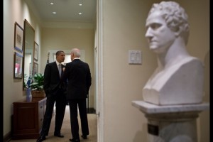 President Barack Obama and Vice President Joe Biden talk in a West Wing hallway of the White House. (Official White House Photo by Pete Souza)