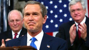 President George W. Bush receiving applause during his 2003 State of the Union Address in which he laid out a fraudulent case for invading Iraq. 