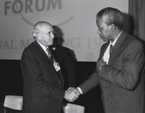 White South African leader Frederik deKlerk shaking hands with Nelson Mandela in 1992. (Copyright photo by World Economic Forum -- www.weforum.org)