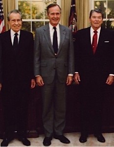 Presidents Richard Nixon, George H.W. Bush and Ronald Reagan photographed together in the Oval Office in 1991. (Cropped from a White House photo that also included Presidents Gerald Ford and Jimmy Carter.)