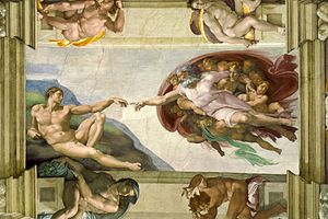 Michelangelo's depiction of God creating Adam, Sistine Chapel, Vatican City.