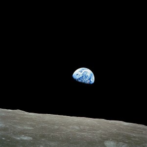 The image of the Earth rising over the surface of the moon, a photograph taken by the first U.S. astronauts to orbit the moon.