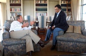 President George W. Bush meeting with then-Saudi Ambassador Prince Bandar bin Sultan at the Bush Ranch in Crawford, Texas. (U.S. government photo)
