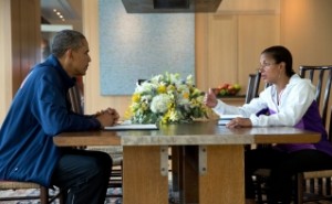 National Security Advisor Susan E. Rice briefs President Barack Obama on foreign policy developments during Obama's summer break on Martha's Vineyard, Massachusetts, on Aug. 12, 2013. (Official White House Photo by Pete Souza)