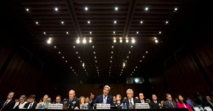Secretary of State John Kerry (center) testifies on the Syrian crisis before the Senate Foreign Relations Committee on Sept. 3, 2013. At the left of the photo is Gen. Martin Dempsey, chairman of the Joint Chiefs of Staff. and on the right is Defense Secretary Chuck Hagel. No senior U.S. intelligence official joined in the testimony. U.S. State Department photo)