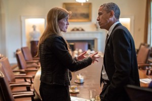 President Barack Obama talks with Ambassador to the United Nations Samantha Power, a major proponent of "humanitarian" wars, following a Cabinet meeting in the Cabinet Room of the White House, Sept. 12, 2013. (Official White House Photo by Pete Souza)