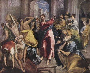 Jesus, driving the money-changers from the Temple, in a painting by El Greco.