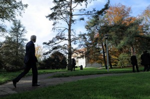 U.S. Secretary of State John Kerry takes a walk in a park between meetings in Geneva, Switzerland, on Nov. 8, 2013, that focused on limits on Iran's nuclear capabilities. (State Department photo)