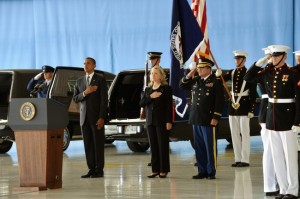 President Barack Obama and Secretary of State Hillary Clinton honor the four victims of the Sept. 11, 2012, attack on the U.S. mission in Benghazi, Libya, at the Transfer of Remains Ceremony held at Andrews Air Force Base, Joint Base Andrews, Maryland, on Sept. 14, 2012. [State Department photo)