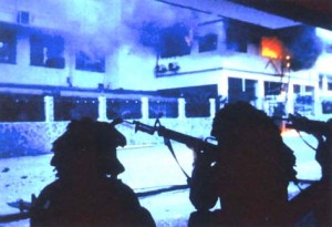 U.S. Army Rangers assault La Comandancia, headquarters of the Panamanian Defense Force, in the El Chorrillo neighborhood of Panama City during the invasion of Panama,  December 1989. (U.S. military photo)