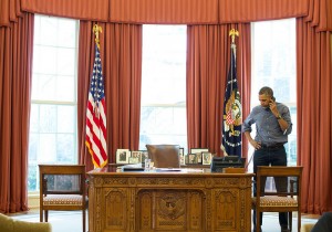 President Barack Obama discusses the crisis in Ukraine for 90 minutes on March 1, 2014, with Russian President Vladimir Putin. (White House photo/Pete Souza)