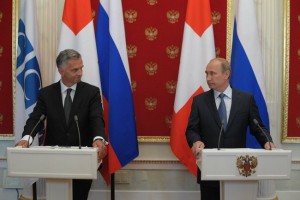 President Vladimir Putin replies to journalists’ questions at a press conference with President of Switzerland and OSCE Chairperson-in-Office Didier Burkhalter on May 7, 2014. (Russian government photo)
