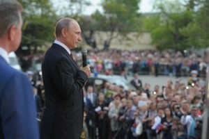 Russian President Vladimir Putin addresses a crowd on May 9, 2014, celebrating the 69th anniversary of victory over Nazi Germany and the 70th anniversary of the liberation of the Crimean port city of Sevastopol from the Nazis. (Russian government photo)