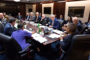 President Barack Obama and Vice President Joe Biden meet with members of the National Security Council in the Situation Room of the White House, Sept. 10, 2014. (Official White House Photo by Pete Souza)