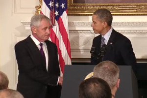 Defense Secretary Chuck Hagel shakes hands with President Barack Obama at the White House on Nov. 24, 2014, as the President announces that Hagel is resigning. (U.S..government photo)