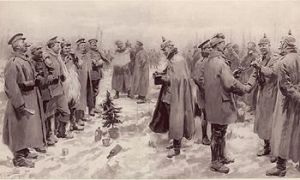 British and German soldiers exchanging headgear during the Christmas Truce of 1914. (From The Illustrated London News of Jan. 9, 1915)