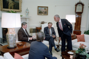 President Reagan meets with publisher Rupert Murdoch, U.S. Information Agency Director Charles Wick, lawyers Roy Cohn and Thomas Bolan in the Oval Office on Jan. 18, 1983. (Photo credit: Reagan presidential library)