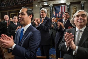 Housing and Urban Development Secretary Julian Castro, Secretary of State John Kerry, Treasury Secretary Jack Lew, and Energy Secretary Earnest Moniz applaud as President Barack Obama enters the House Chamber prior to delivering the State of the Union address in the Capitol in Washington, D.C., Jan. 20, 2015. (Official White House Photo by Pete Souza)