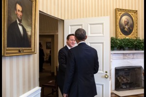 President Barack Obama greets Prime Minister David Cameron of the United Kingdom prior to a bilateral meeting in the Oval Office, Jan. 16, 2015. (Official White House Photo by Pete Souza)