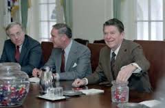 President Ronald Reagan with Secretary of State Alexander Haig and National Security Advisor Richard Allen during a meeting with Interagency Working Committee on Terrorism in the Cabinet Room on Jan. 26, 1981. (Photo from Reagan Library archives)