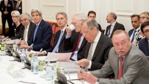 Secretary of State John Kerry and other negotiators from the P5+1 at a meeting in Vienna, Austria, on July 6, 2015, on the Iran nuclear talks. (State Department photo)