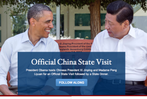 A screen shot of the White House home page on Sept. 25, 2015, noting the summit with China's President Xi Jinping by showing an earlier meeting between Xi and President Barack Obama.