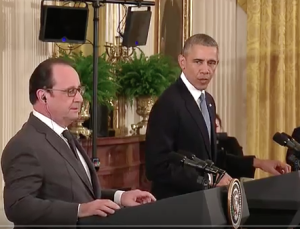 President Obama holds a joint press conference with President Hollande of France in the East Room of the White House on November 24, 2015. (Photo credit: Whitehouse.gov)