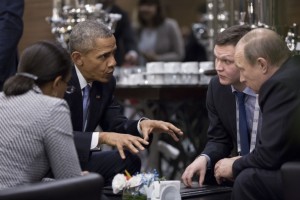 President Barack Obama meets with President Vladimir Putin of Russia on the sidelines of the G20 Summit at Regnum Carya Resort in Antalya, Turkey, Sunday, Nov. 15, 2015. National Security Advisor Susan E. Rice listens at left. (Official White House Photo by Pete Souza)