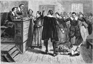 A drawing of the Salem "witch trials," with the central figure believed to be Mary Walcott.