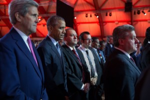 President Barack Obama, Secretary of State John Kerry and other heads of state and delegations, observe a minute of silence for the Paris attack victims during the opening ceremony of the 21st Conference of the Parties to the United Nations Framework Convention on Climate Change (COP21), at the Parc des Expositions du Bourget in Le Bourget, Paris, France, Nov. 30, 2015. (Official White House Photo by Pete Souza) 