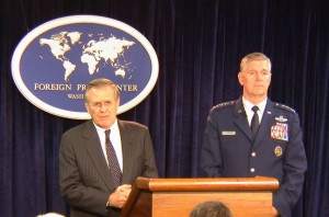 Defense Secretary Donald Rumsfeld at a press briefing with Joint Chiefs of Staff Chairman Richard Myers. (State Department photo)
